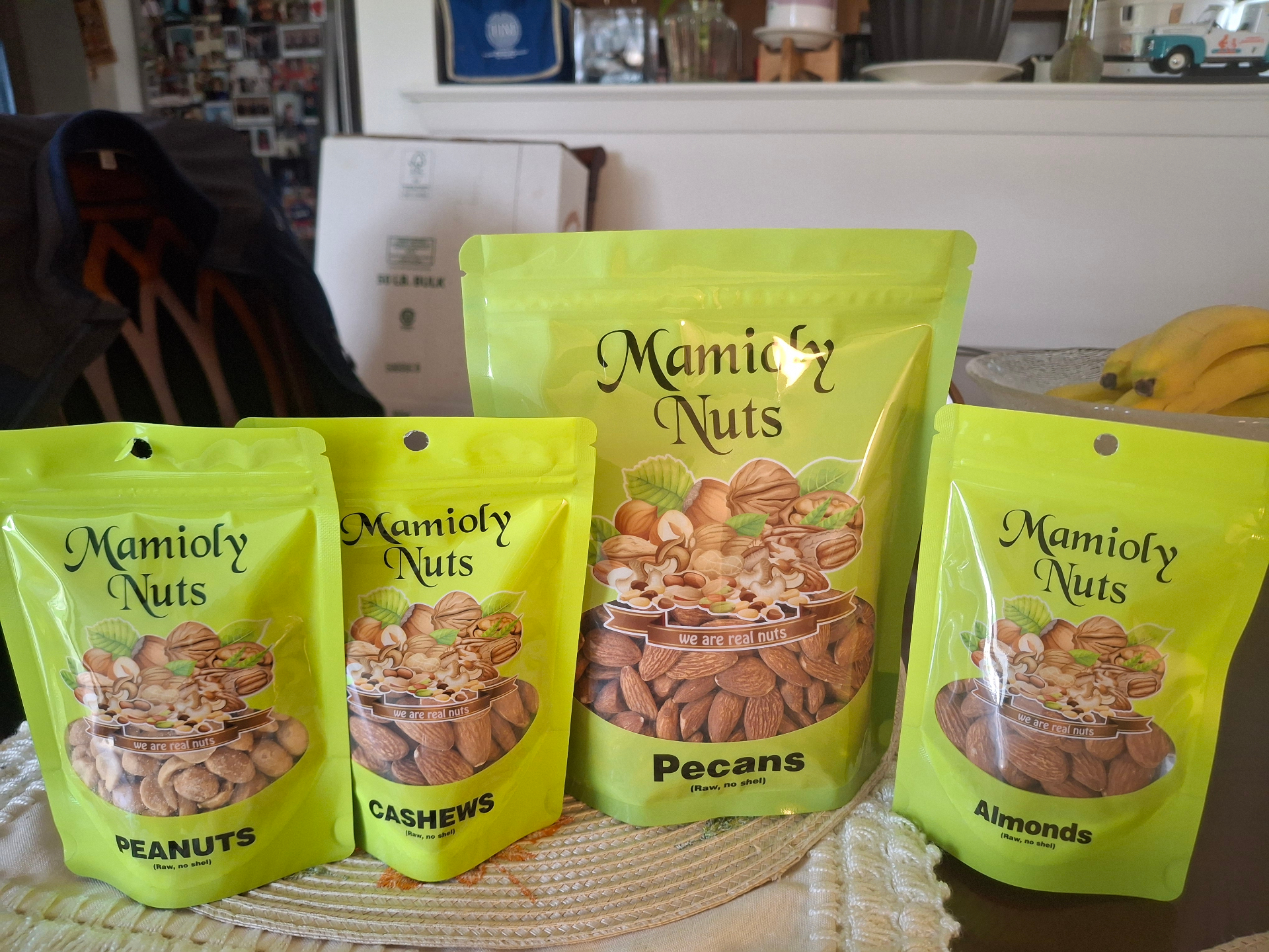 Mamioly Nuts family product line in lime green packaging