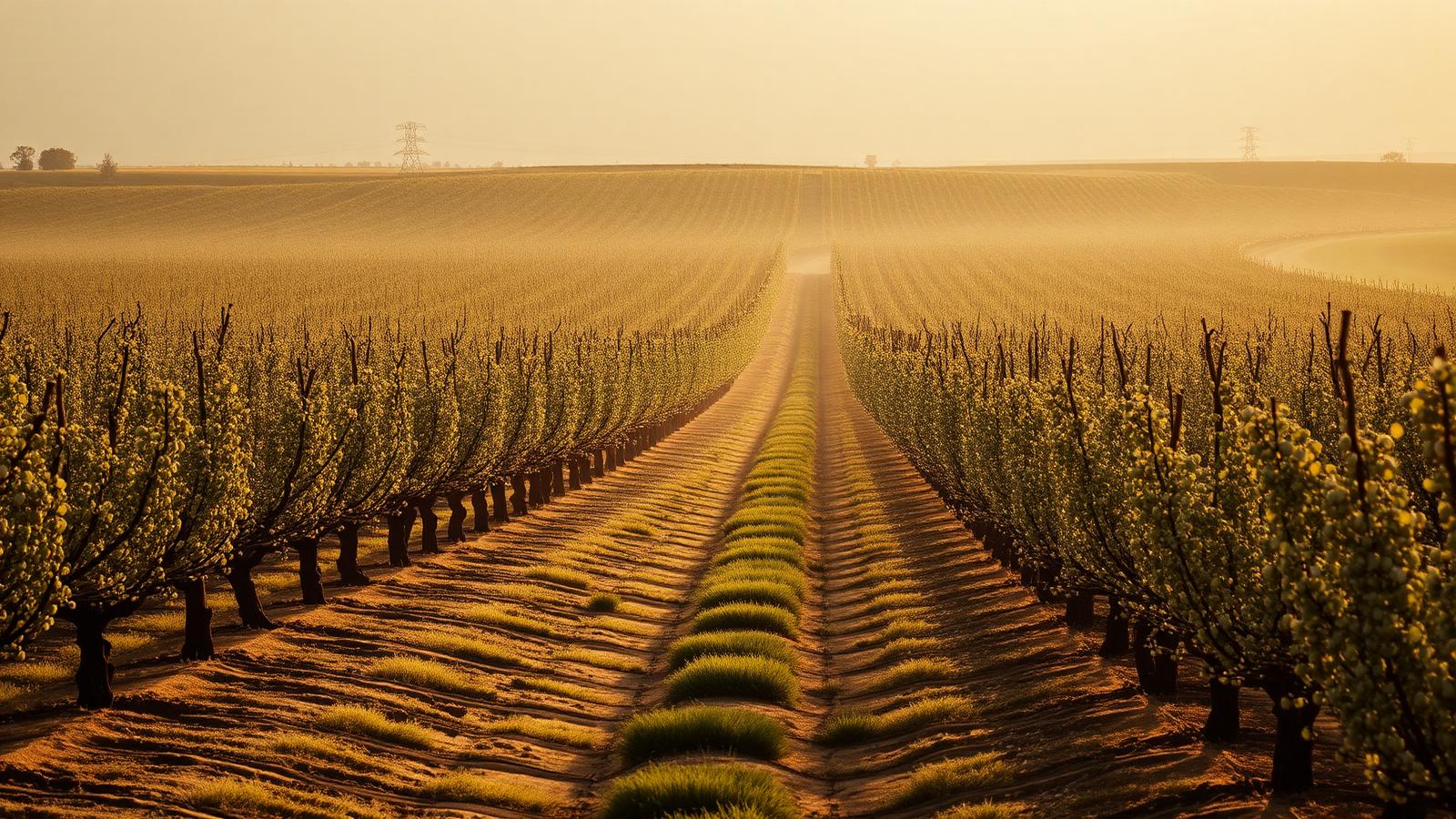 Almond orchard at dawn in California's Central Valley