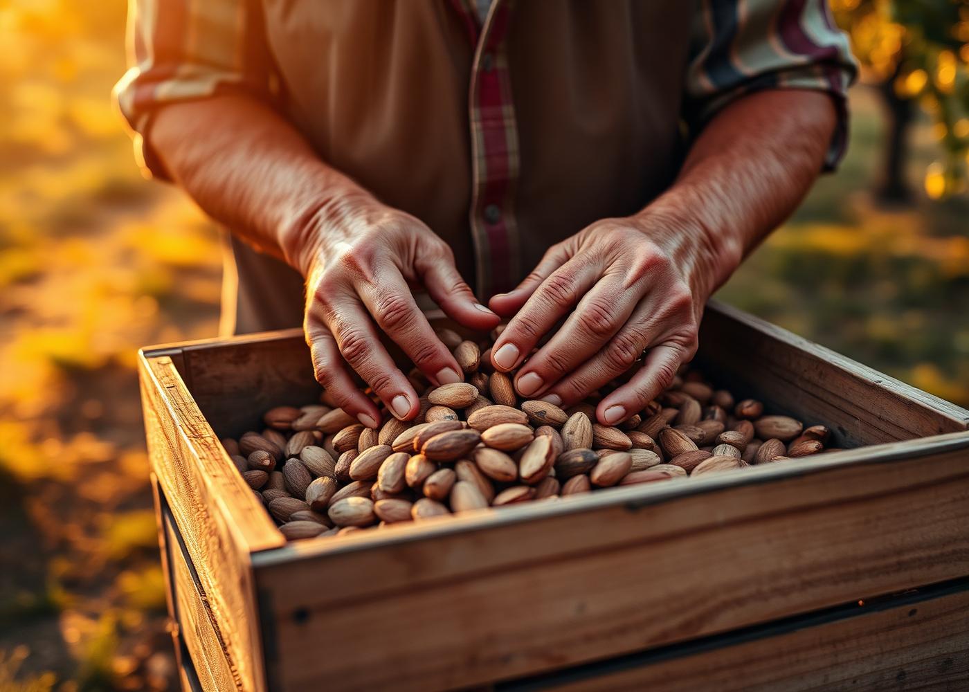 Hands sorting almonds in a wooden crate at golden hour